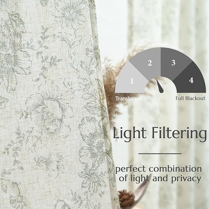 jinchan Linen Blend Floral Curtains for Living Room 63 Inch Length Farmhouse Printed Curtain Rod Pocket Back Tab Sage Green Peony Flower Patterned Drapes Bedroom Curtains Set 2 Panels