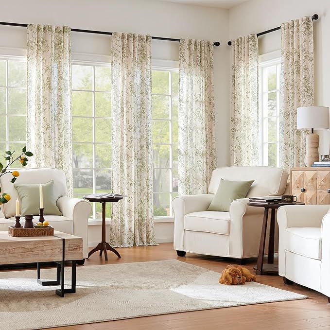 jinchan Linen Blend Floral Curtains for Living Room 108 Inch Length Farmhouse Printed Curtain Rod Pocket Back Tab Sage Green Peony Flower Patterned Drapes Bedroom Curtains Set 2 Panels