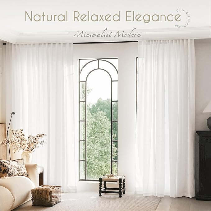 Linen White Curtains 84 inches Long for Bedroom Loop Pocket Privacy Light Filtering Semi Sheer White Boho Farmhouse Curtain Drapes Cotton Textured Modern Elegant Coastal Living Room Decor 60x84