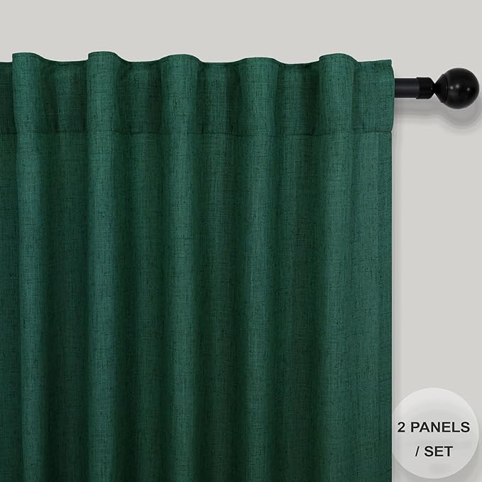 Pitalk Dark Green Curtains 63 Inch Length for Bedroom 2 Panels Back Tab Pocket Lightweight Light Filtering Semi Sheer Linen Hunter Green Curtain for Boys Room Kitchen Olive Forest Decor 52x63