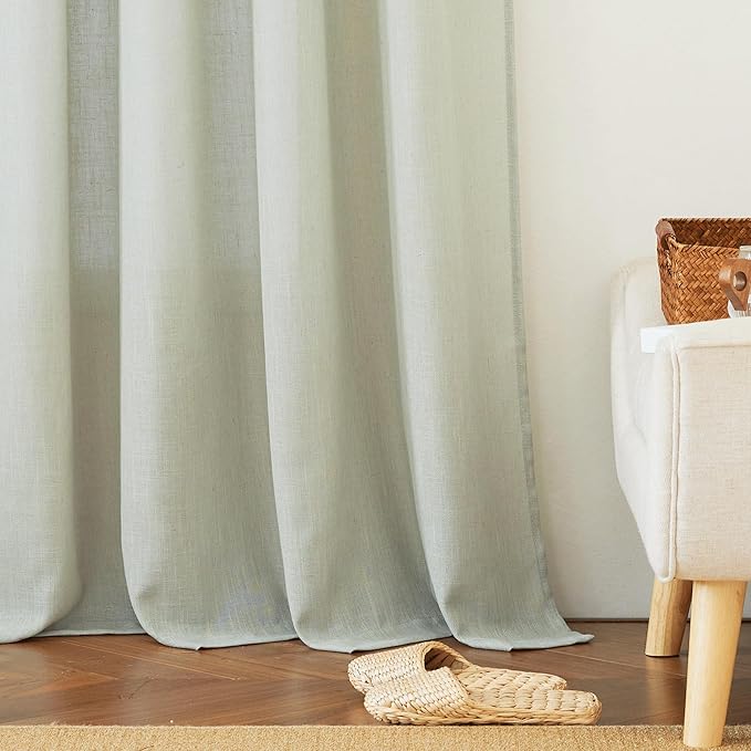 RYB HOME Green Linen Curtains Extra 70 inches Widith, Light Filtering Privacy Assured Machine Washable Vintage for Bedroom Kids Room Bathroom, W 70 x L 95 inch, 2 Pcs, Sage Green