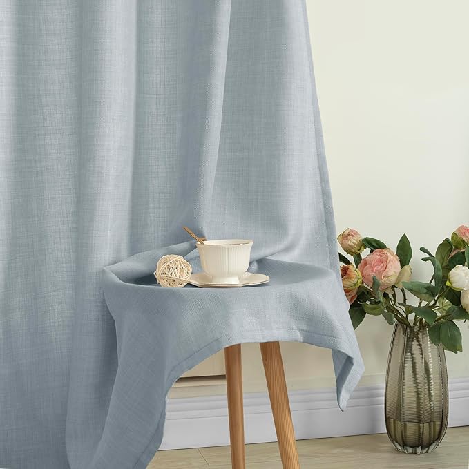 LAMIT Haze Blue Linen Curtains for Bedroom, 84 Inch Faux Linen Textured Light Filtering Privacy Drapes Grommet Window Panels for Farmhouse/Living Room, Set of 2 Panels, 52 x 84 Inch
