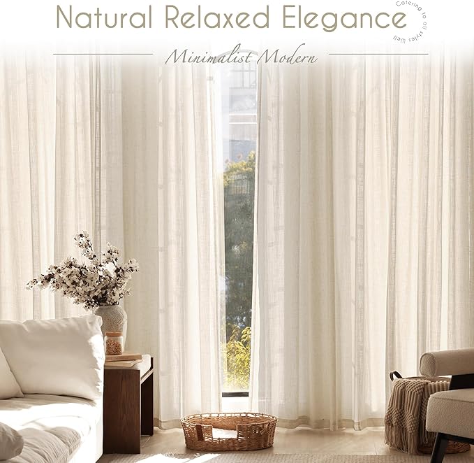Apricot Linen Curtain 96 inch Length 2 Panels Set Back Tab Light Filtering Living Room Curtain Drapes Home Office Modern Minimalist Decor Farmhouse Boho Neutral Cream Semi Sheer Curtain 96 inch Long