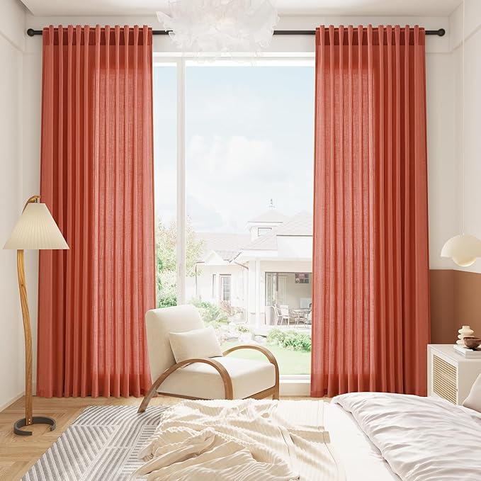Coral Linen Curtains 84 Inch Length 2 Panels Set Back Tab Rod Pocket Light Filtering Semi Sheer Curtain Textured Neutral Farmhouse Decor Curtains for Bedroom Living Room 52x84