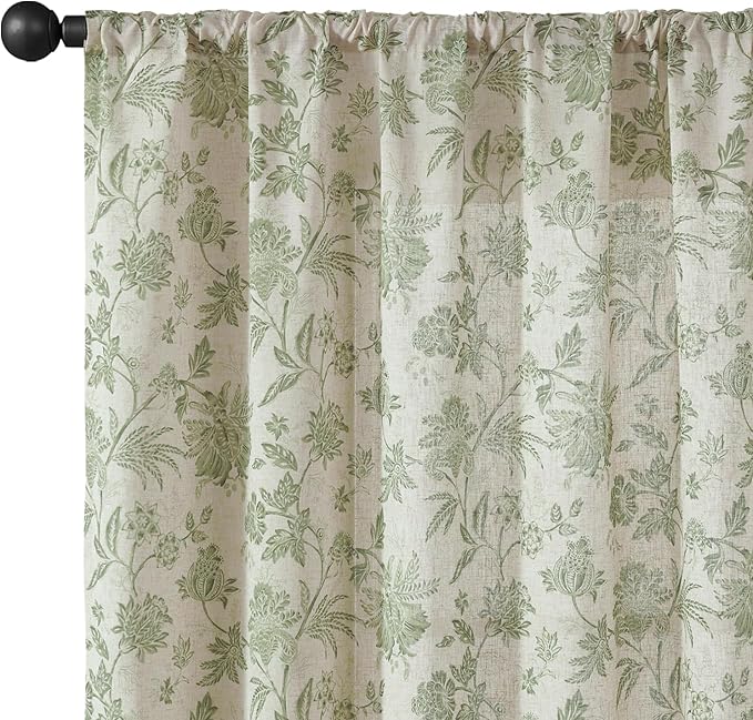 jinchan Linen Floral Curtains for Living Room with Printed Flower 96 Inches Long Light Filtering French Country Back Tab Rod Pocket Sage Green Window Curtain Set Farmhouse Drapes 2 Panels