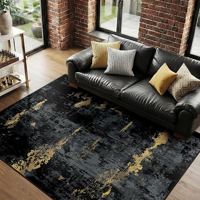 Washable Area Rugs 5'x7' Non-Slip Modern Abstract Soft for Living Room Entryway Bedroom Nursery, Print Pattern, Dark Black Gold