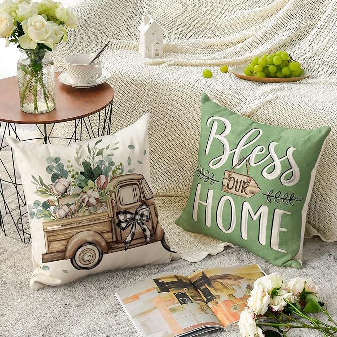AVOIN colorlife Bless Our Home Farmhouse Eucalyptus Leaves Throw Pillow Covers, 20 x 20 Inch Green Truck Home Sweet Cushion Case Decorations Set of 4