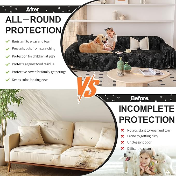 HANDONTIME Washable Couch Covers for Sofa Boho Couch Covers for 3 Cushion Sofa Pet Friendly Black Chenille Jacquard Couch Protector for Dogs Plant Branch Sectional Cover Sofa Slipcovers, 71" X 150"