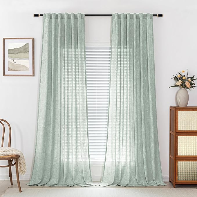 MYSKY HOME 95 Inch Curtains Farmhouse Light Filtering Privacy Curtain Drapes for Patio Door Living Room, Linen Look Texture Fabric Bohemian Draperies Soft Touch Back Tab, 50x95, Aqua, 2 Panels