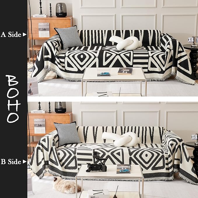 HANDONTIME Armchair Boho Sofa Covers for Dogs Black Couch Sofa Covers for Chair Recliner Beige Chenille Sofa Slipcover Couch Covers for Sectional Sofa Pets Protector Furniture Covers, 71" X102"