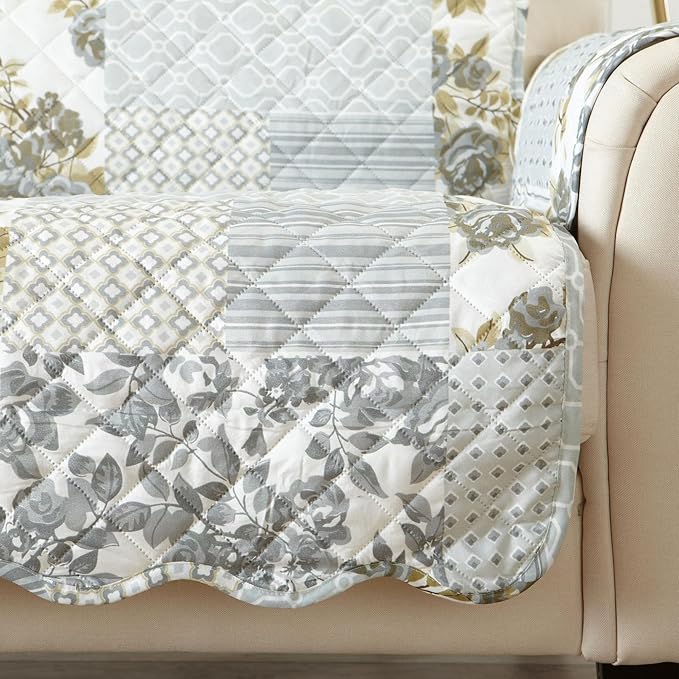 Great Bay Home Reversible Patchwork Loveseat Cover - Washable Slipcover Furniture Protector with Elastic Straps - Perfect for Kids & Pets - Box-Stitched Detail (Grey)