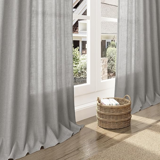 Nanspring Light Gray Linen Curtains for Living Room 84 Inches Long 2 Panels Set Rod Pocket Back Tab Simple Modern Light Filtering Boho Coastal Room Decor Grey Sheer Curtain for Bedroom 52x84