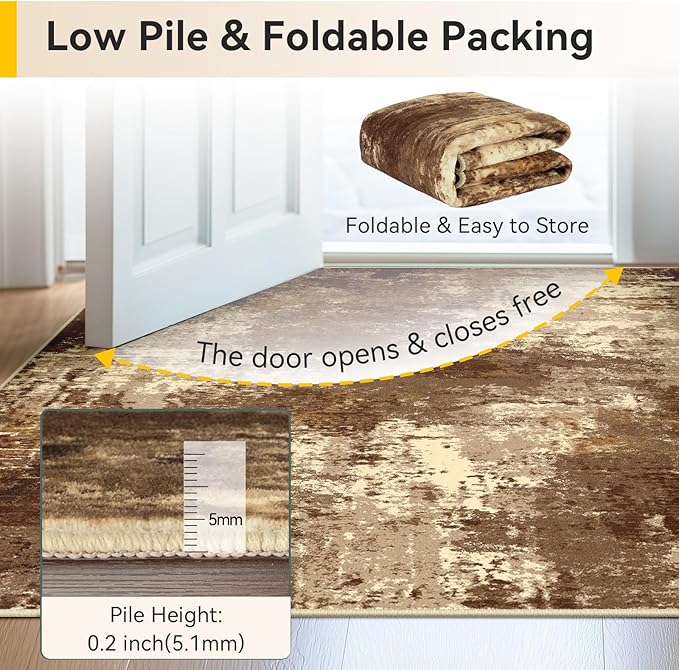 Washable Area Rugs 5'x7' Non-Slip Modern Abstract Soft for Living Room Entryway Bedroom Nursery, Print Pattern, Brown Tan Beige Coffee