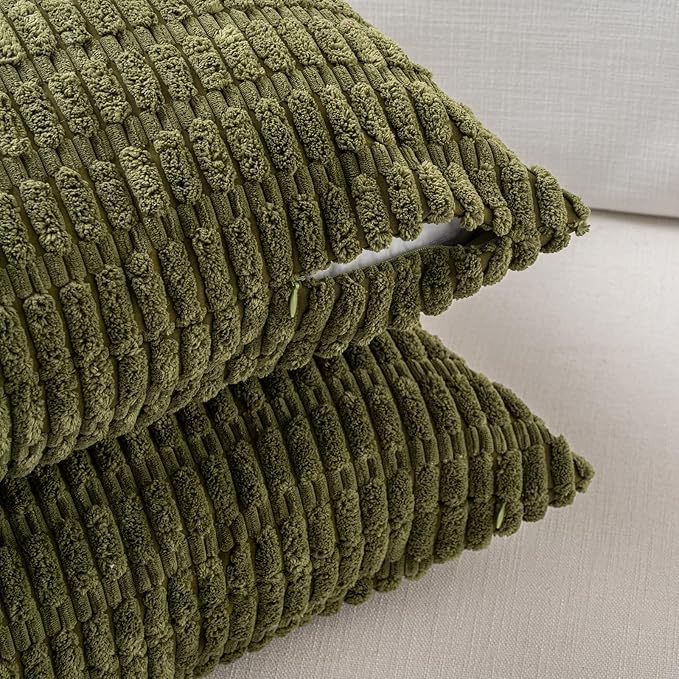 Fancy Homi 4 Packs Boho Moss Green Decorative Throw Pillow Covers 24x24 Inch for Couch Bed Sofa, Rustic Modern Farmhouse Home Decor, Soft Plush Corduroy Cute Square Cushion Case 60x60 cm
