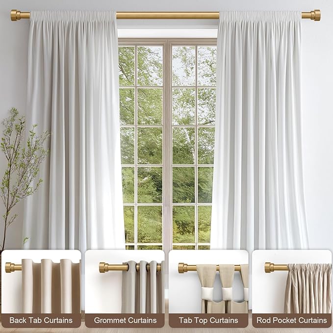 Lootkell Modern Gold Curtain Rods for Windows 48 to 84 Inches Adjustable Length Heavy Duty 1" Diameter Window Curtain Rod with Decorative Finials for Outdoor Bedroom Kitchen Living Room