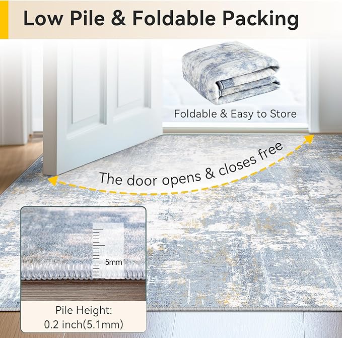 Washable Area Rugs 6'x9' Non-Slip Modern Abstract Soft for Living Room Entryway Bedroom Nursery, Print Pattern, Light Blue