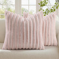 decorUhome Summer Cozy Faux Fur Throw Pillow Covers 22x22 Set of 2 Decorative Plush Striped Modern Farmhouse Boho Couch Euro Sham Pillow Cases with Velvet Back for Sofa Bed Living Roomr, Pink White