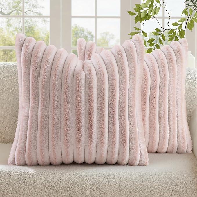 decorUhome Summer Cozy Faux Fur Throw Pillow Covers 16x16 Set of 2 Decorative Soft Plush Striped Modern Farmhouse Boho Couch Pillow Cases with Velvet Back for Sofa Bed Living Room, Pink White