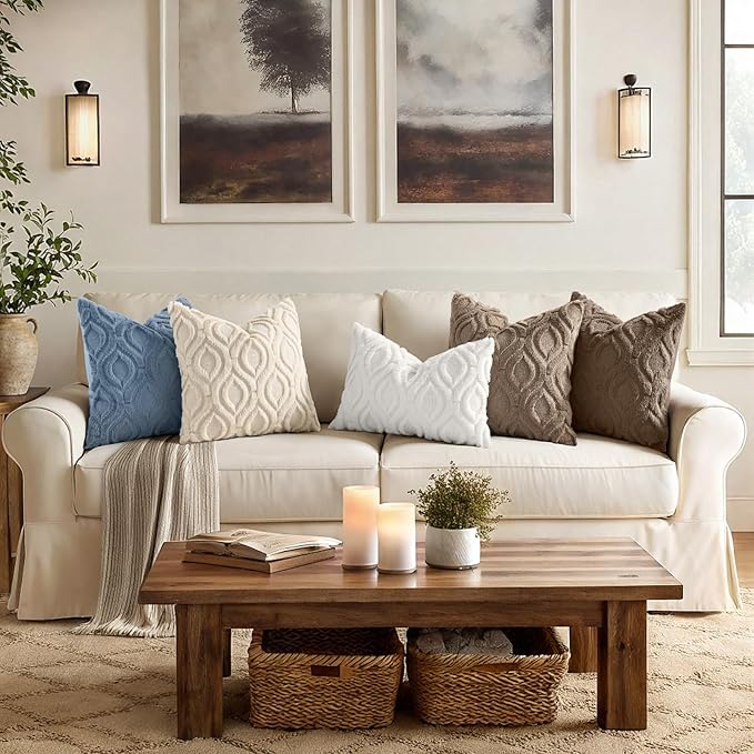 decorUhome Throw Pillow Covers 20x20 Inch Set of 2, Soft Plush Faux Wool Dusty Blue Solid Couch Pillow Covers, Accent Farmhouse Neutral Square Pillow Cases for Sofa Bed Living Room