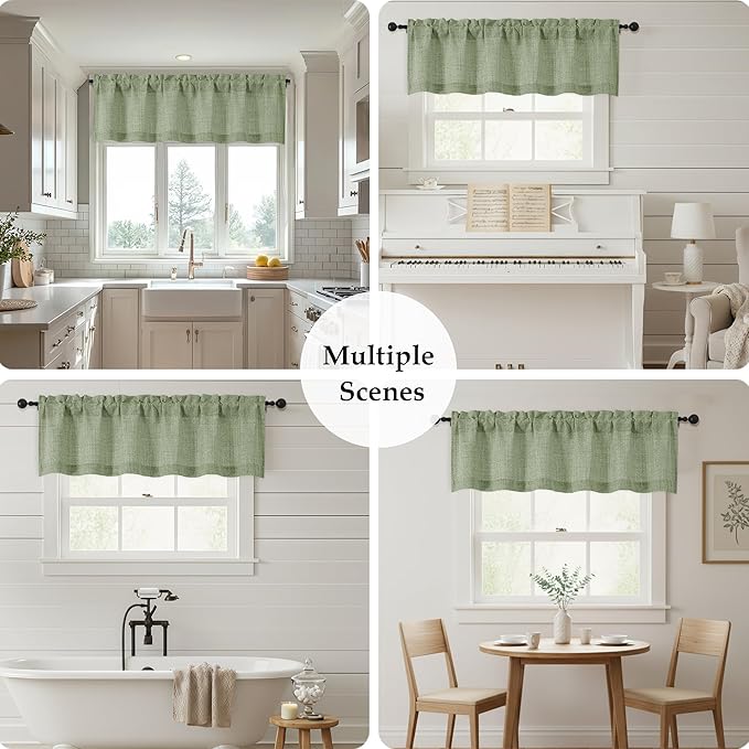 OWENIE Sage Green Valances for Windows 1 Pcs, Light Filtering Textured Farmhouse Short Small Valance Curtains for Bathroom Basement Living Room, Rod Pocket Half Curtains Over Sink, 60" W by 16" L