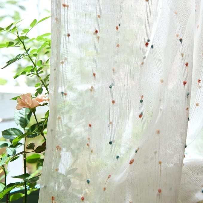 jinchan Valance Curtains for Windows 16 Inch Colorful Mini Pom-Pom Country Farmhouse Kitchen Valance Semi Sheer Voile Samll Window Treatment for Bedroom Living Room Rod Pocket 1 Panel Blush Meadow