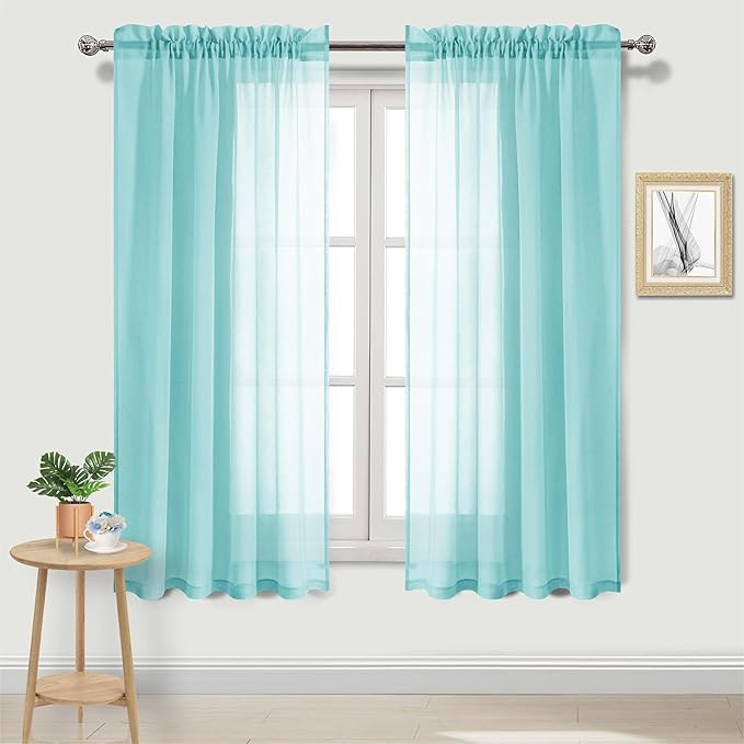 DWCN Aqua Sheer Curtains Semi Transparent Voile Rod Pocket Curtains for Bedroom and Living Room, 52 x 63 inches Long, Set of 2 Panels