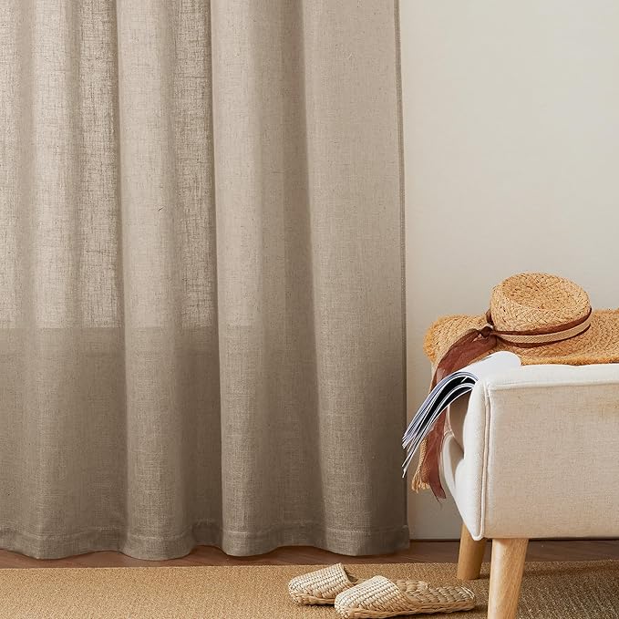 RYB HOME Privacy Semi Sheer Linen Curtains 72 inches Long, Rod Pocket & Back Tab Linen Blend Elegant Light Filtering Privacy Protected Panels for Farmhouse Cottage, Khaki, 52" W, 2 Panels