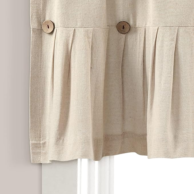 Lush Decor Linen Button Farmhouse Valance Curtians 52"W x 18"L Dark Linen - Linen Valances For Windows - Kitchen Curtains Valances - Bathroom Curtain