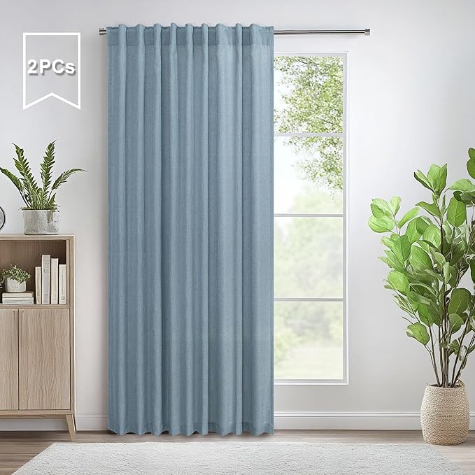 Pitalk Light Blue Wide Curtains for Windows Extra Width 60x90 Inch Long Back Tab Pole Pocket Semi Sheer Light Filter Linen Curtain Blinds for Bedroom Living Room 5 x 7.5 FT 5x7.5 Stone Blue Grey Gray