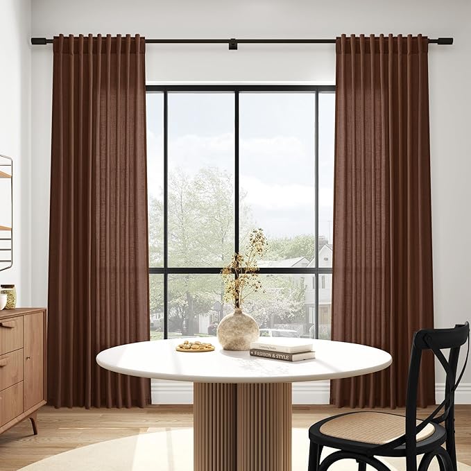 Mocha Brown Linen Curtains 90 Inch Length 2 Panels for Living Room Back Tab Rod Pocket Window Drapes Light Filtering Modern Farmhouse Curtain 90 Inches Long for Dining Room Office 52x90