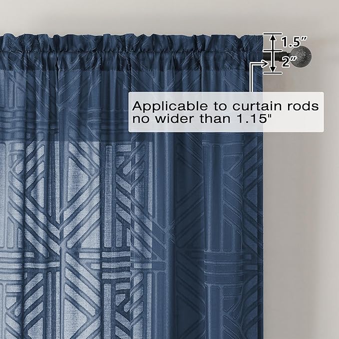 Simplebrand Navy Blue Sheer Kitchen Curtains 36 Inch Length Tier Curtains 2 Panels, Light Filtering Geometric Jacquard Clip Textured Semi Sheer Curtains Short Window Curtains for Bathroom, 42x36 inch