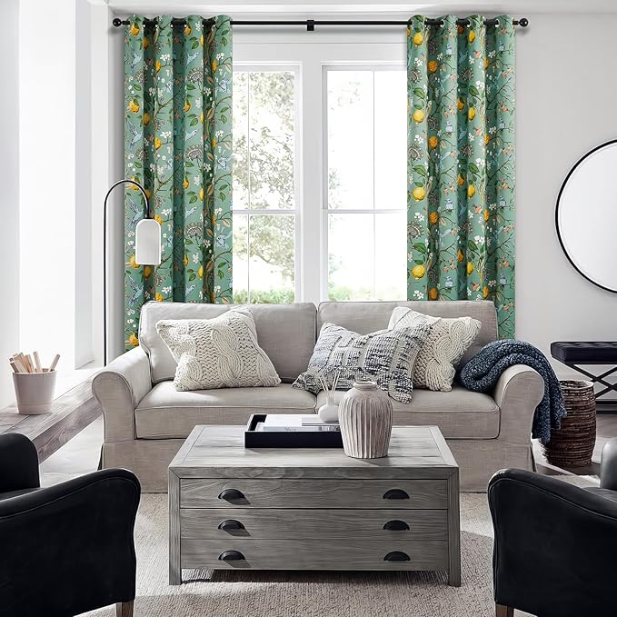 Topfinel Living Room Curtains 72 Inches Long Floral Spring Curtains, Vintage French Country Grommet Botanical Hummingbird Woodland Patterned Sage Green Lemon Drapes for Bedroom Dining Living Room