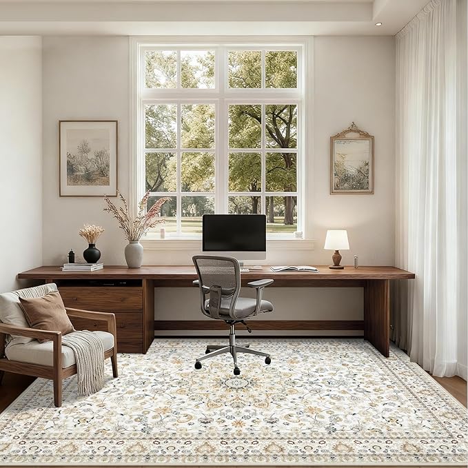 6x9 Area Rugs Living Room Rug: Washable Vintage Boho Rug No Slip Stain Resistant Soft Carpet Indoor Floor Floral Large Carpets for Bedroom Dining Room Farmhouse Nursery Home Office Beige