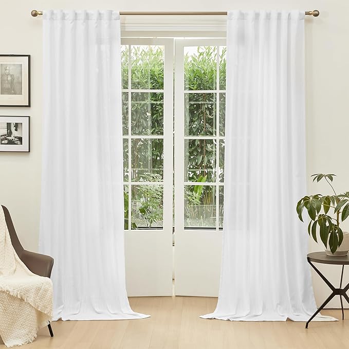MYSKY HOME Floor to Ceiling Curtains 120 Inches White Sheer Window Drapes 2 Panel Sets Back Tab Draperies Linen Look Boho Fabric, Soft Cotton Blend Light Filtering for Living Room