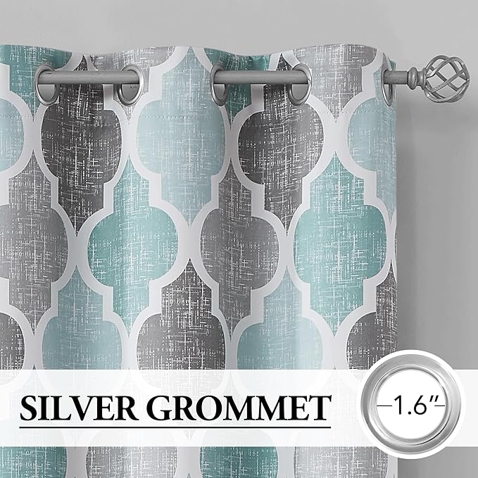 Beauoop 100% Blackout Curtains 96 Inches Long 2 Panels for Bedroom Living Room Aqua Grey Moroccan Geo Room Darkening Thermal Insulated Soundproof Grommet Top Window Treatments Drapes, 50x96 Set of 2