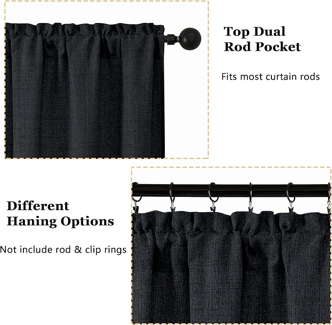 OWENIE Black Valances for Windows 1 Pcs 22 Inch Length, Light Filtering Textured Short Small Valance Curtains for Bathroom Basement Living Room Bedroom, Half Window Curtains Over Sink, 60" W by 22" L