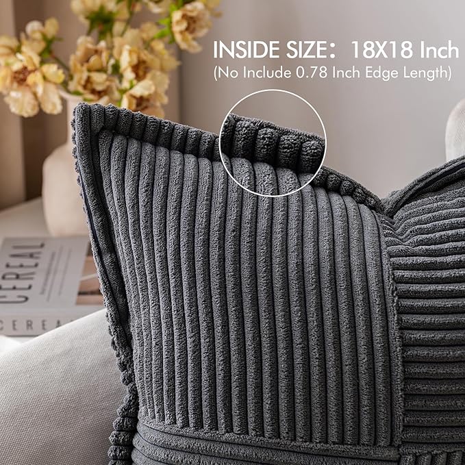 MIULEE Decorative Throw Pillow Covers for Couch Bed Livingroom 18x18 Inch Set of 2 Dark Grey Boho Accent Throw Pllows Broadside Striped Patchwork Soft Corduroy Pillowcases