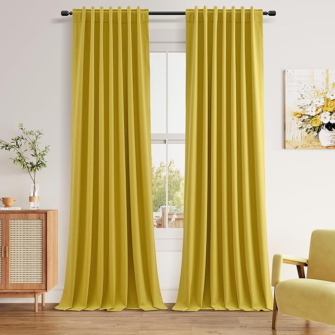 Guken 100% Blackout Curtains 96 Inch Length 2 Panels Set for Living Room Bedroom Back Tab Thermal Insulated Black Out Linen Drapes Room Darkening Celery Yellow,52x96