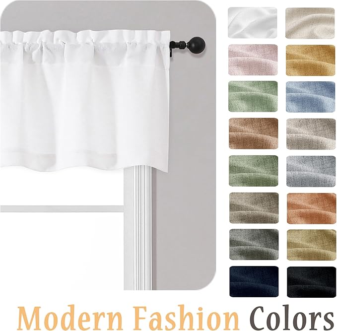 OWENIE White Valances for Windows 1 Pcs, Light Filtering Textured Farmhouse Short Small Valance Curtains for Bathroom Basement Living Room Bedroom, Rod Pocket Half Curtains Over Sink, 52" Wx16 L