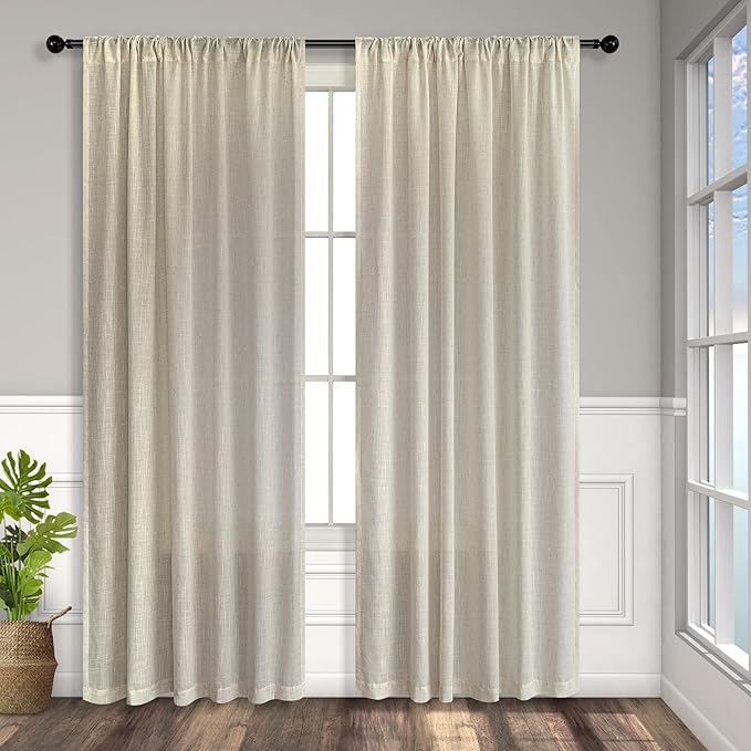 Beige Curtains 72 Inch Length for Living Room 2 Panels Set Back Tab Rod Pocket Light Reducing Semi Sheer Flax Linen Curtains for Bedroom Sack Tweed Crude Country Farmhouse Decor 52x72 Inches Long