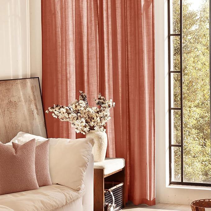 132 inch Linen Terracotta Curtains 2 Panels for Living Room Back Tab Light Filtering Semi Sheer Rust Colored Curtains 132 inches Long Soft Thick Cotton Cloth Textured Rustic Boho Farmhouse Room Decor