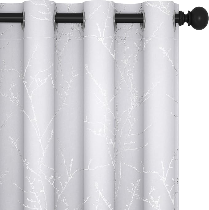 Deconovo Greyish White Curtains, Room Darkening Curtain, Thermal Insulated Soundproof Drapes, Silver Branch Print, 52 x 63 Inch Long, Grommet Window Panels for Living Room Bedroom Nursery, Set of 2