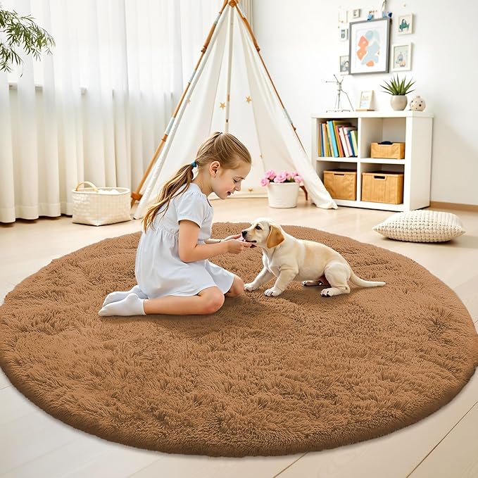 OLANLY Khaki Round Rugs for Bedroom - Machine Washable, 6 ft Circle Area Rugs for Living Room, Soft and Fluffy Shaggy Carpet for Teen Girl and Boys, Nursery Rooms, Dorms, Home Decor Aesthetic