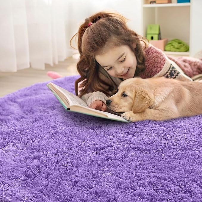 OLANLY Purple Round Rugs for Bedroom - Machine Washable, 7 ft Circle Area Rugs for Living Room, Soft and Fluffy Shaggy Carpet for Teen Girls and Boys, Nursery Rooms, Dorms, Home Decor Aesthetic