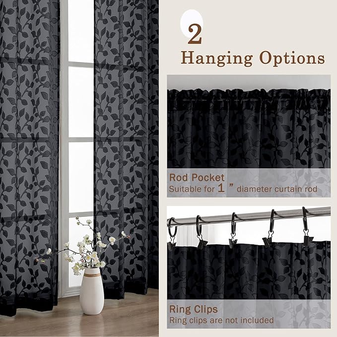 Chyhomenyc Black Short Curtains 45 Inch Length 2 Panels, Light Filtering Leaf Textured Window Curtain Panels for Bedroom Living Room, Elegant Rod Pocket Farmhouse Curtains, 30" Wx45 L, 2 PCS