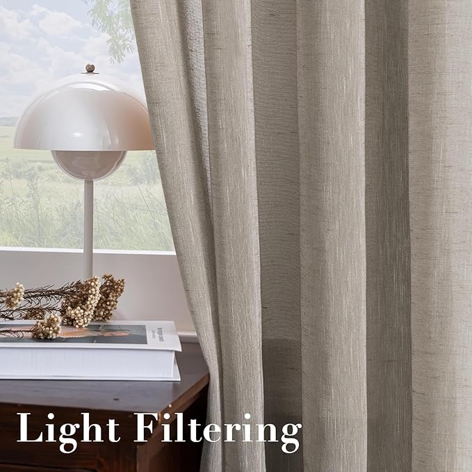 H.VERSAILTEX Natural Linen Curtains Soft Linen Semi Sheer Curtains for Living Room Window Privacy Translucent Ultra Elegant Linen Textured Drapes for Bedroom (52 by 96 Inch, Set of 2, Taupe)