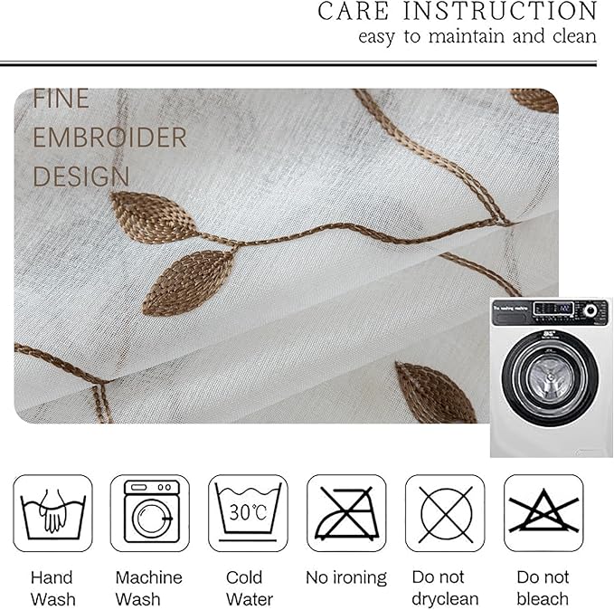 AmHoo 2 Panels Embroidered Leaf Pattern Semi Sheer Curtains Foliage Floral Voile Window Draperies Treatment for Bedroom Living Room Rod Pocket White Brown 53 x 63 Inch