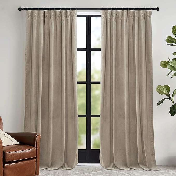RYB HOME Camel Beige Velvet Curtains 102 inches with Hook Belt, Soft Fabric Room Darkening Thermal Insulated Luxurious Home Decor Curtains for Living Room Bedroom, W 52" x L 102", 2 Panels Set