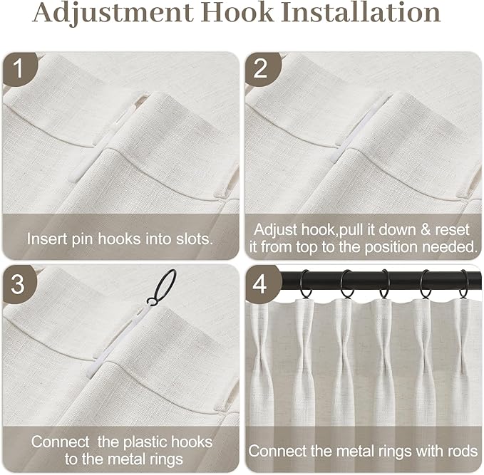 IVAPUPU Pinch Pleated Curtains 90 Inch Long for Living Room, Extra Wide Semi Sheer Pleated Drapes Back Tab Hooks Rings Light Filtering Privacy Linen Curtain for Office, Beige White, 70Wx90L, 1 Panel