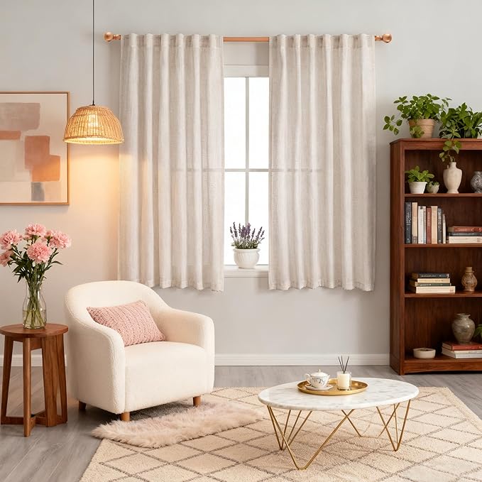 MYSKY HOME Linen Natural Farmhouse Kitchen Curtains 54 inches Long, Boho Curtain Panels Country Style Semi Sheer Window Panels for Home Decor, Light Filtering Privacy Drapes, 50" Wide, Pack-2
